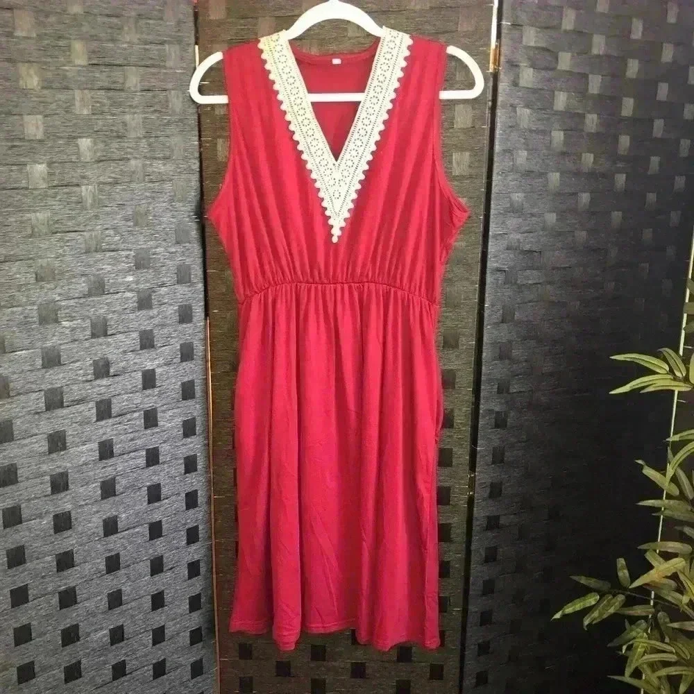 Red V-Neck Ruffled Dress